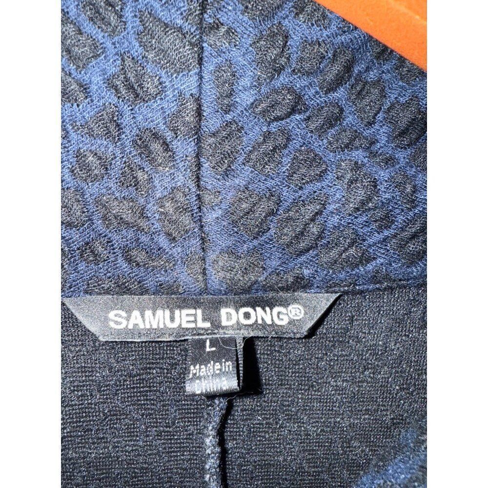 Samuel Dong Black and Navy Cheetah‎ Print Collared Dbl Zipper Coat Dress SZ Lg - Picture 8 of 16